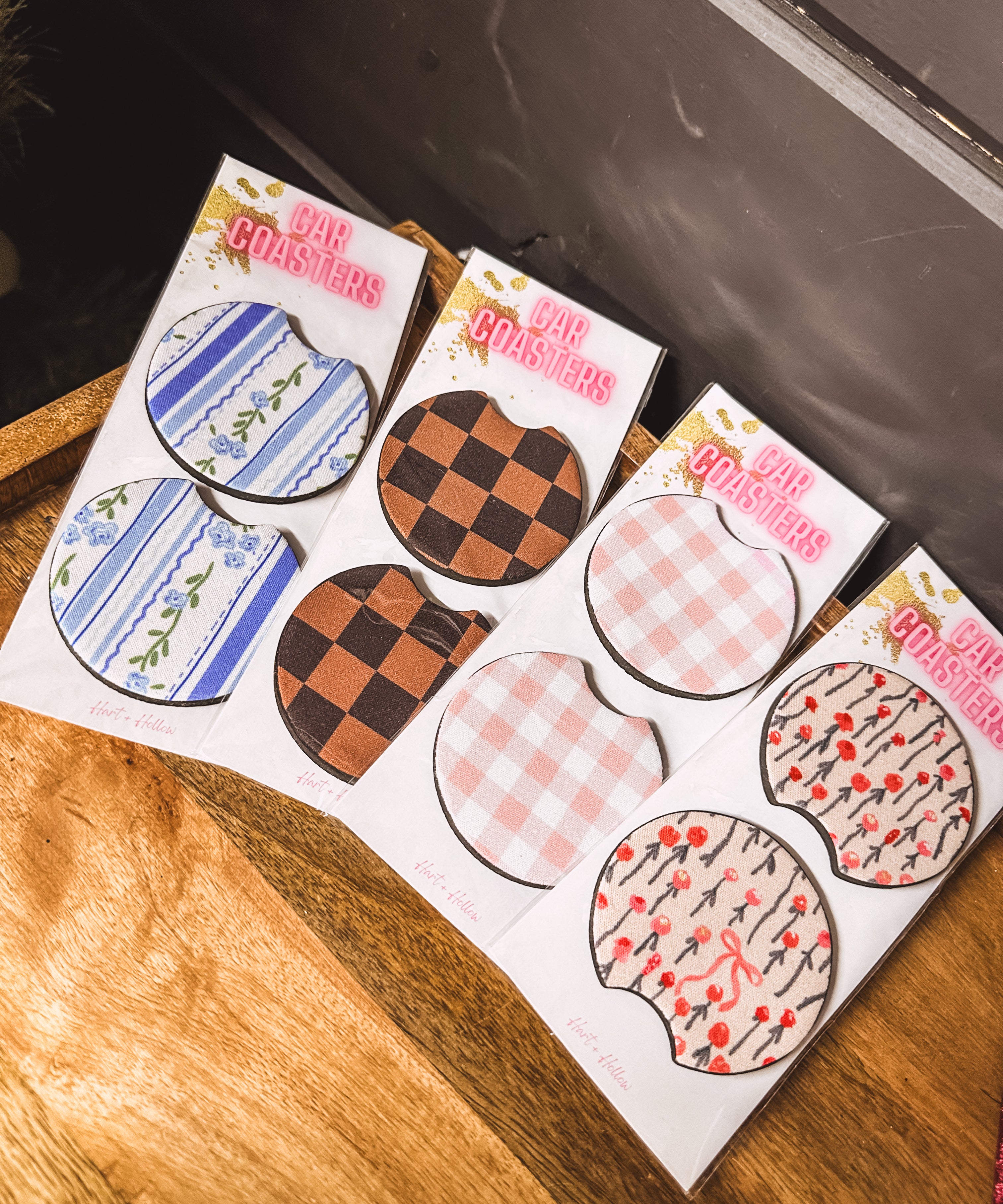 Two neoprene cup holder coasters pre pack in various styles.