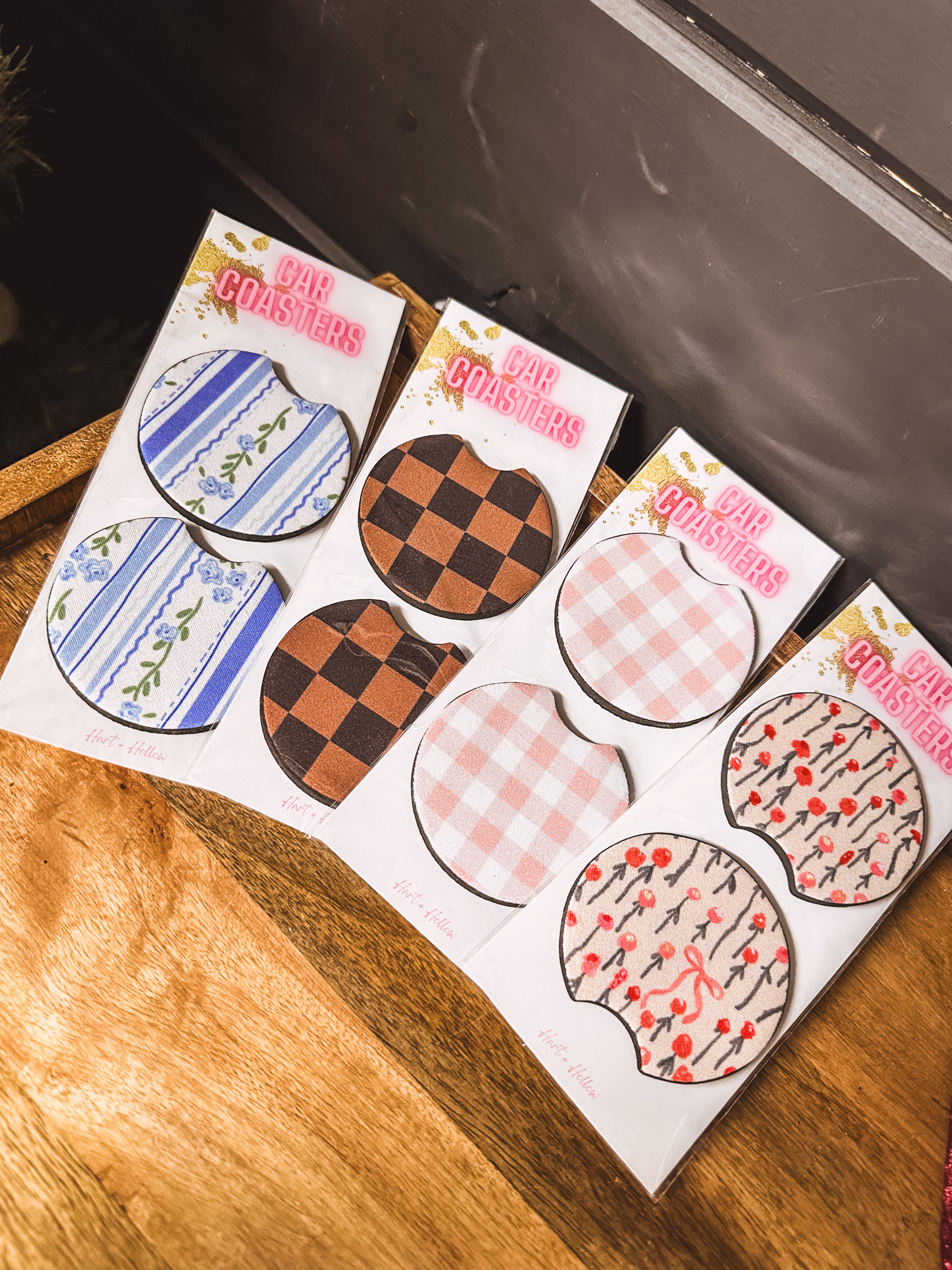 Two neoprene cup holder coasters pre pack in various styles.