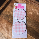 Two pink gingham neoprene car coasters