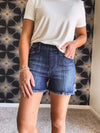 Dark Wash Pull On Fray Hem Shorts