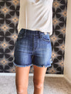 Dark Wash Pull On Fray Hem Shorts