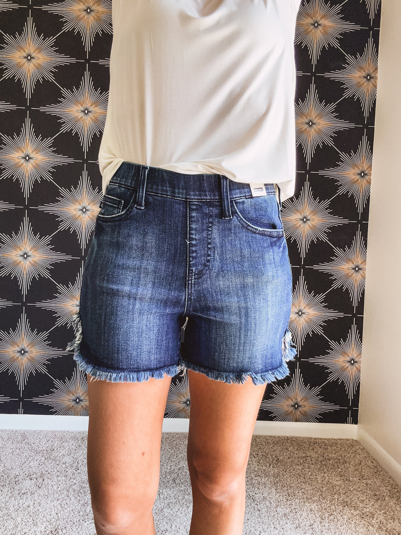 Dark Wash Pull On Fray Hem Shorts