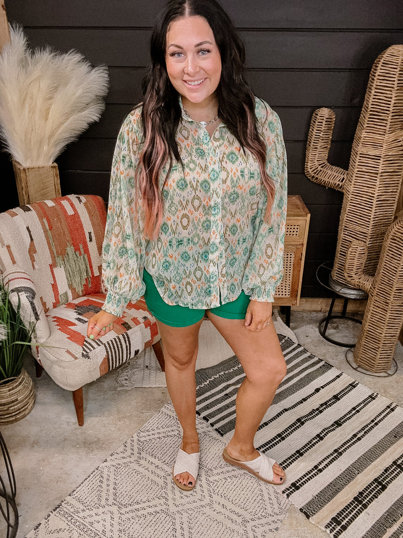 Green + Orange Ikat Mix Balloon Sleeve Blouse