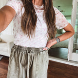 Vintage Floral Lace Sheer Mock Neck Short Sleeve