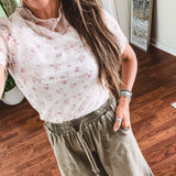 Vintage Floral Lace Sheer Mock Neck Short Sleeve