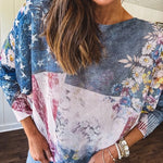 Made in Italy in muted navy, cream and berry with vintage florals and stars and stripes, long sleeved boat neck batwing sweater.