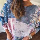 Made in Italy in muted navy, cream and berry with vintage florals and stars and stripes, long sleeved boat neck batwing sweater.