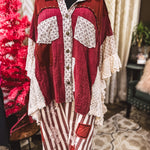 Burgundy and ivory floral patchwork boho button down top with ruffle sleeves.
