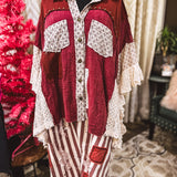 Burgundy and ivory floral patchwork boho button down top with ruffle sleeves.