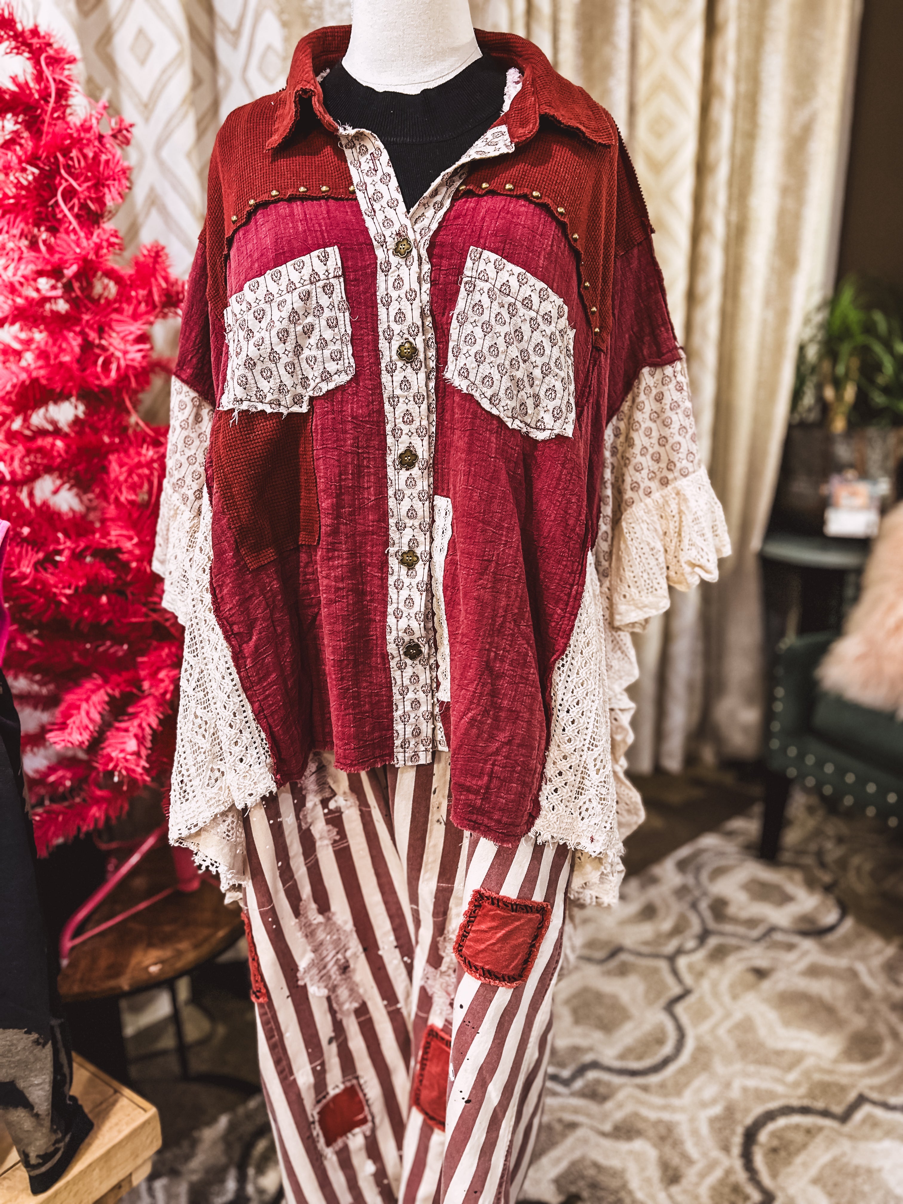 Burgundy and ivory floral patchwork boho button down top with ruffle sleeves.