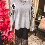 Grey Threaded Floral Sleeve Sweater