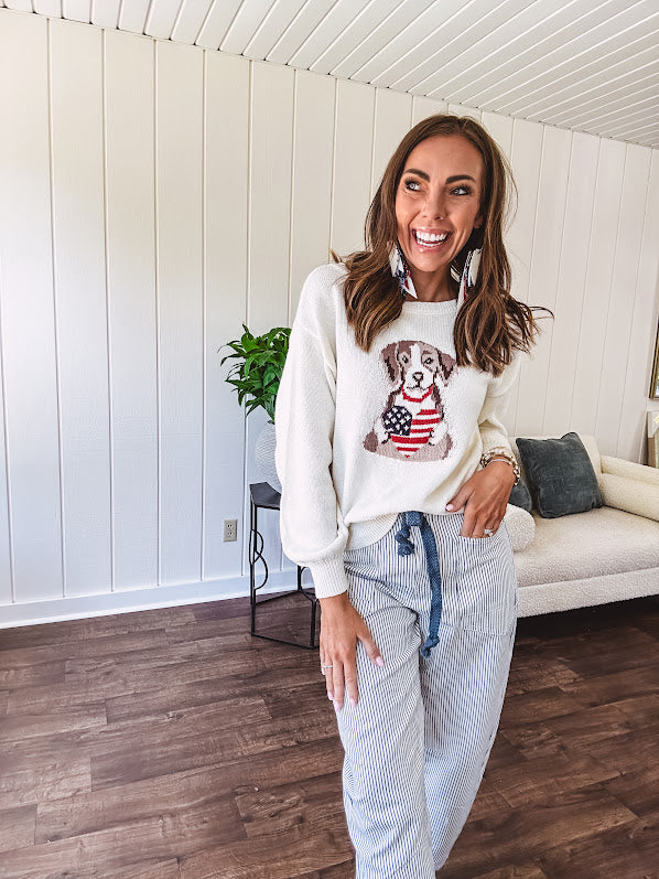Cream knit long sleeved sweater with round neck and dog motif holding an American flag heart.