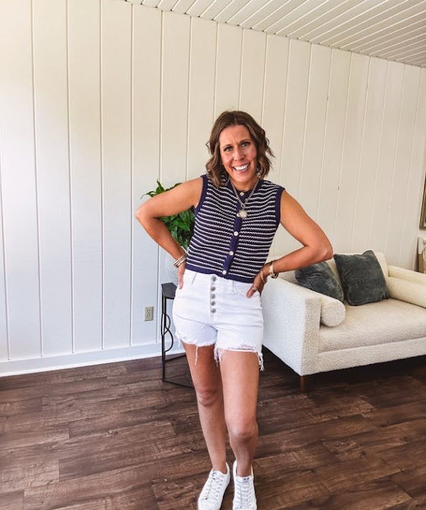 Navy and white striped gold button down sweater vest.