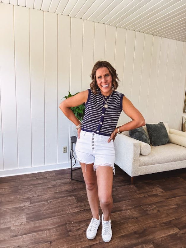 Navy and white striped gold button down sweater vest.