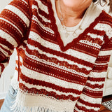 Brown + Cream Stripe Tassel V Neck Crochet Sweater