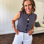 Navy and white striped gold button down sweater vest.