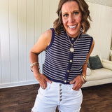 Navy and white striped gold button down sweater vest.