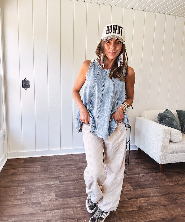 Thin, lightweight light khaki joggers with elastic drawstring waist and cuffs.