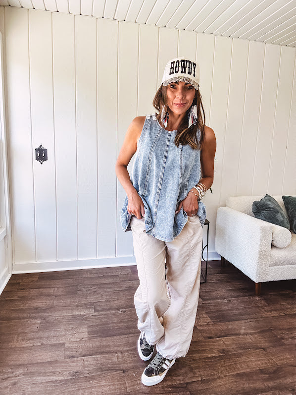 Thin, lightweight light khaki joggers with elastic drawstring waist and cuffs.