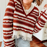 Brown + Cream Stripe Tassel V Neck Crochet Sweater
