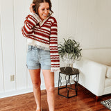 Brown + Cream Stripe Tassel V Neck Crochet Sweater