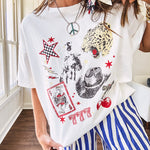 White oversized tee featuring a mixed print of black, red and cream in western, leo and playing card theme.