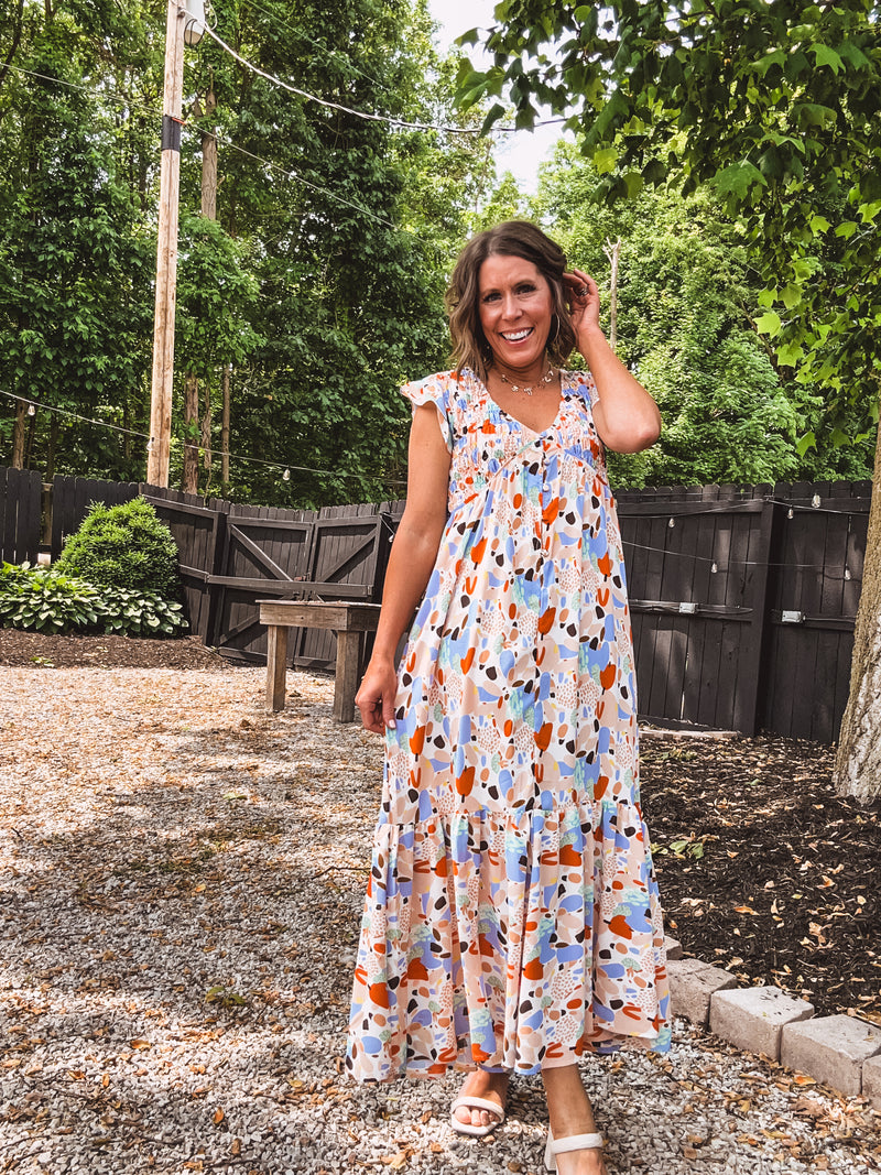 Orange + Blue Mix Dot Smock Bust Flutter Hem Dress