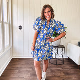 Royal Flower Sketch Puff Sleeve Dress