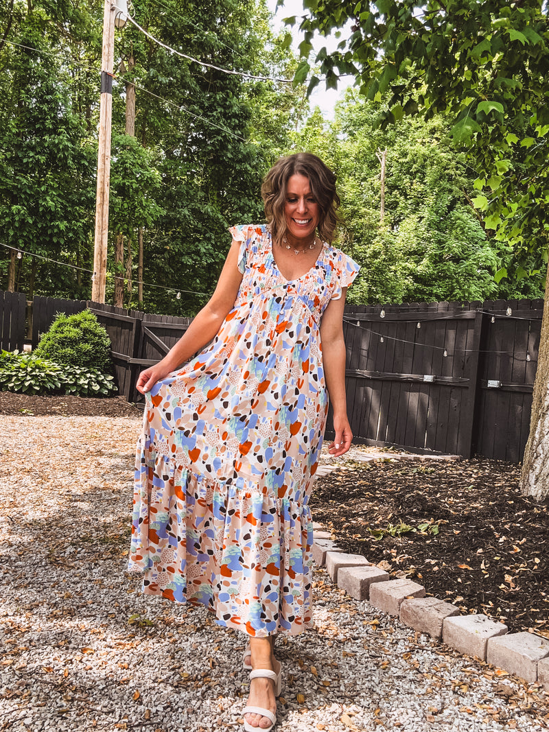 Orange + Blue Mix Dot Smock Bust Flutter Hem Dress