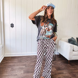 Wide leg silky crinkle texture pants with elastic waist and pockets.