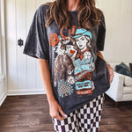 Mineral washed charcoal tee with teal, cream and rust cowgirl graphics and vintage inspired motel pic.
