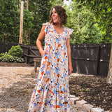 Orange + Blue Mix Dot Smock Bust Flutter Hem Dress