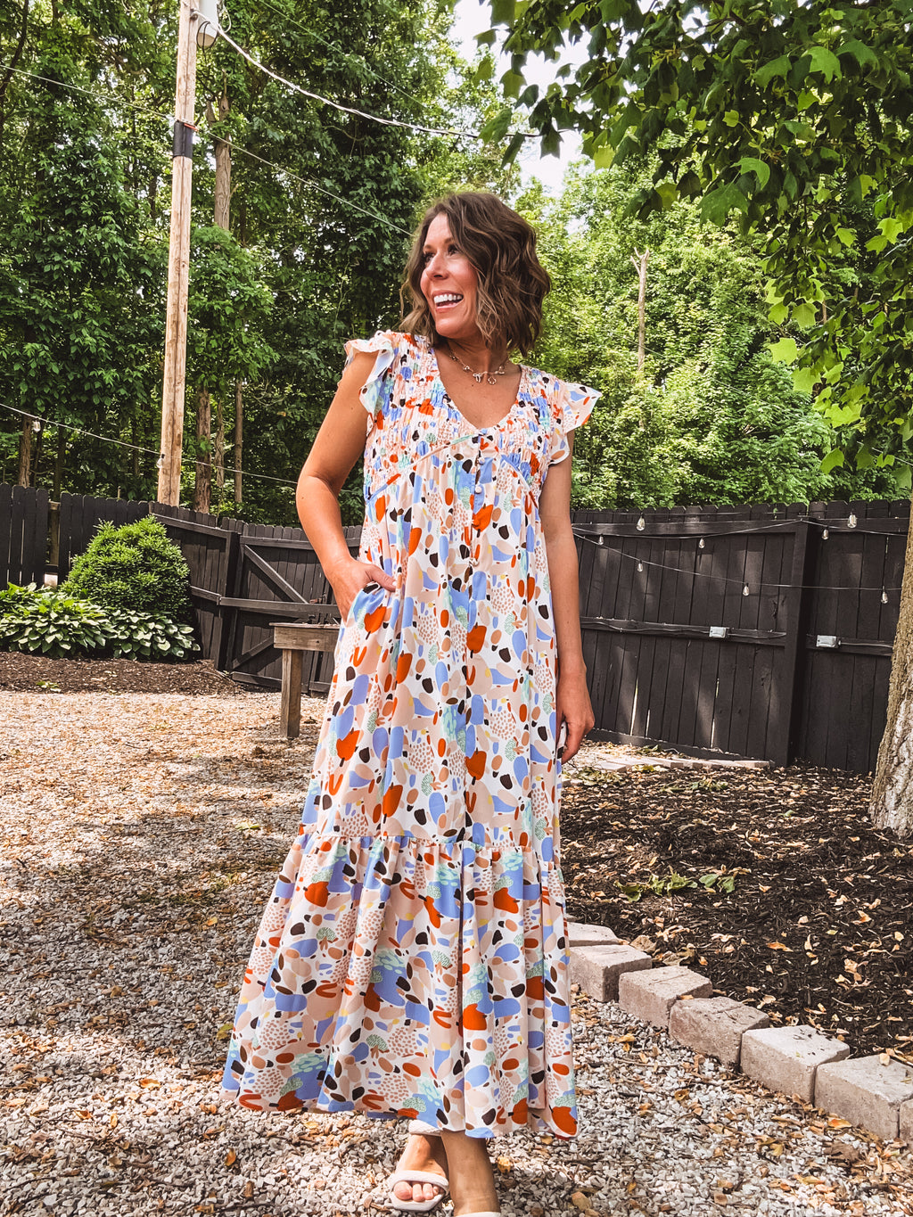 Orange + Blue Mix Dot Smock Bust Flutter Hem Dress