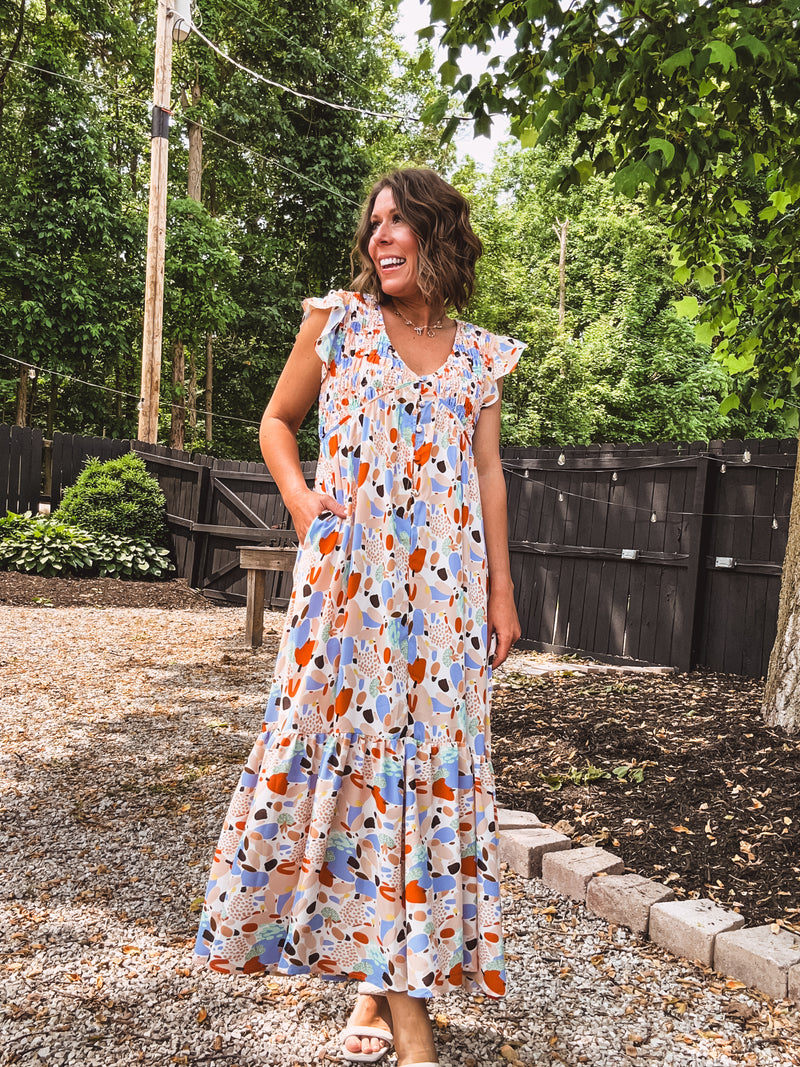 Orange + Blue Mix Dot Smock Bust Flutter Hem Dress