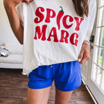 Thin, royal blue athleisure shorts with elastic drawstring waist and pockets.