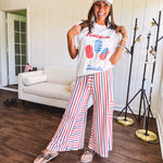 White cotton tee with blue and red "American Sweet" and popsicle graphics on front.