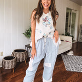 Foggy Blue Double Linen Crochet Accent Harem