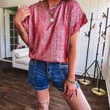Thin, lightweight red and silver metallic tee.