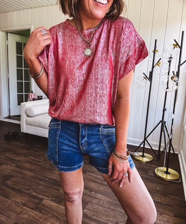 Thin, lightweight red and silver metallic tee.