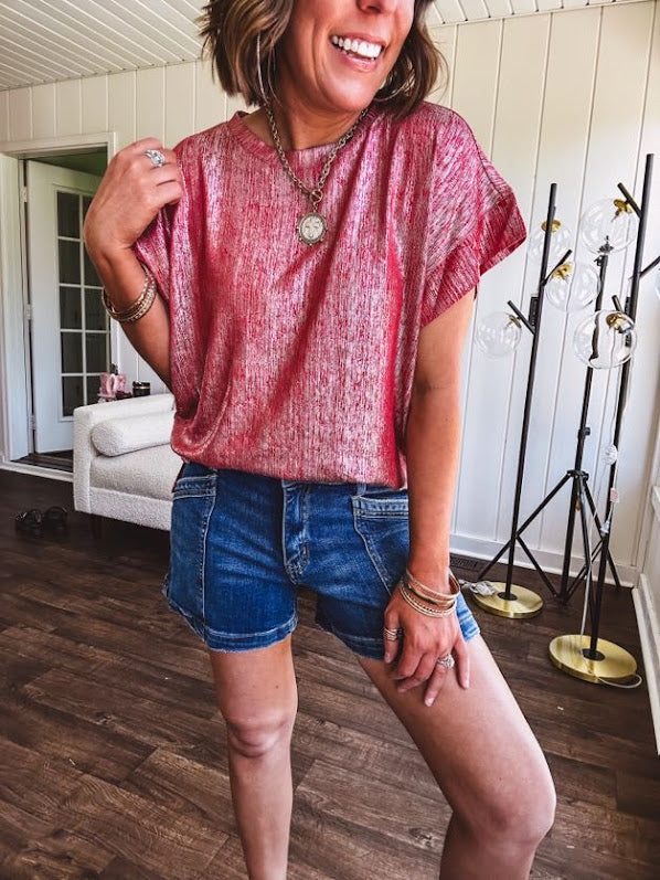 Thin, lightweight red and silver metallic tee.