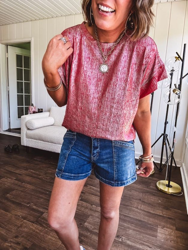 Thin, lightweight red and silver metallic tee.