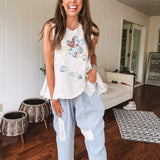 Foggy Blue Double Linen Crochet Accent Harem