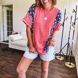 Washed red urban ribbed tee with red and white gingham and navy stars and stripes patchwork down the sides and shoulders.