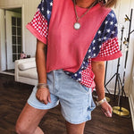 Washed red urban ribbed tee with red and white gingham and navy stars and stripes patchwork down the sides and shoulders.