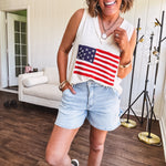 Thin, ivory ribbed textured V neck tank with American flag crochet applique on the front.