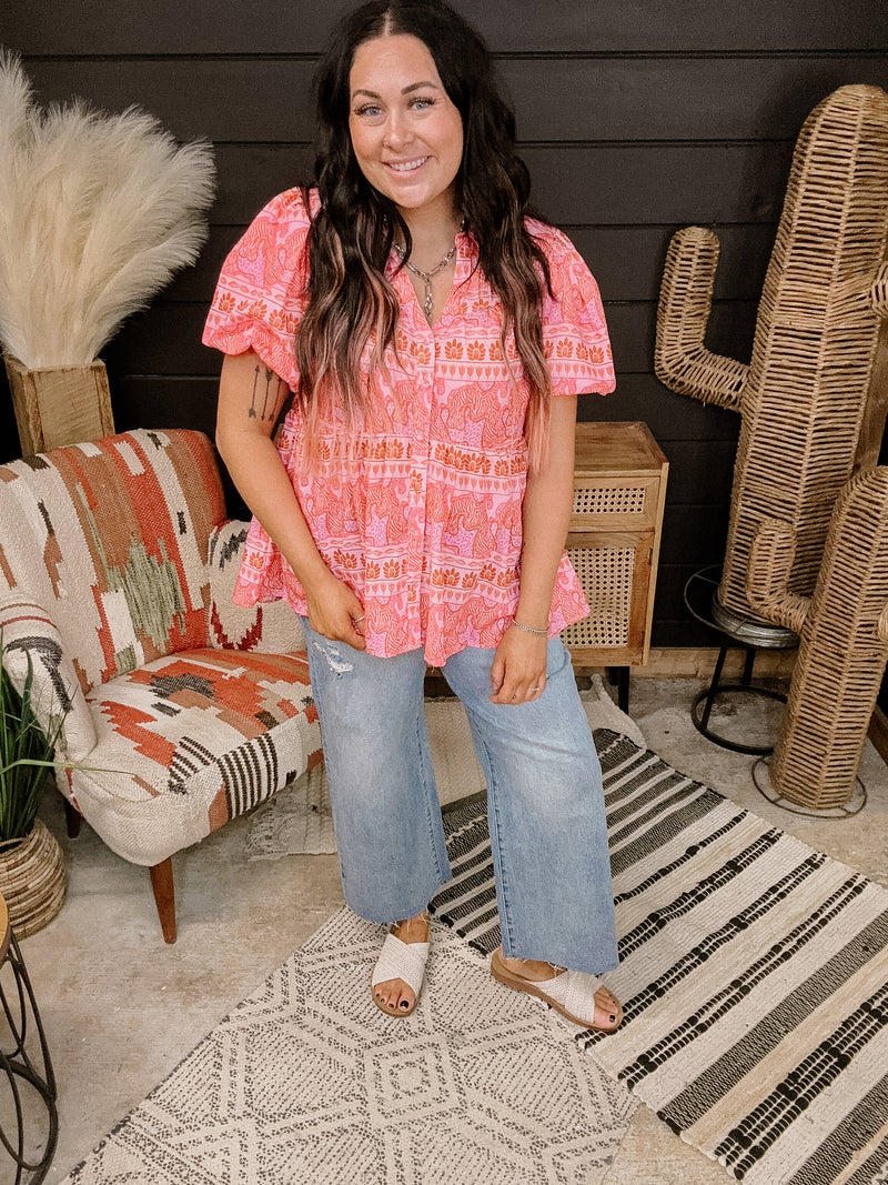 Hot Pink Ethnic Mix Print Button Up Shirt