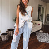 Foggy Blue Double Linen Crochet Accent Harem