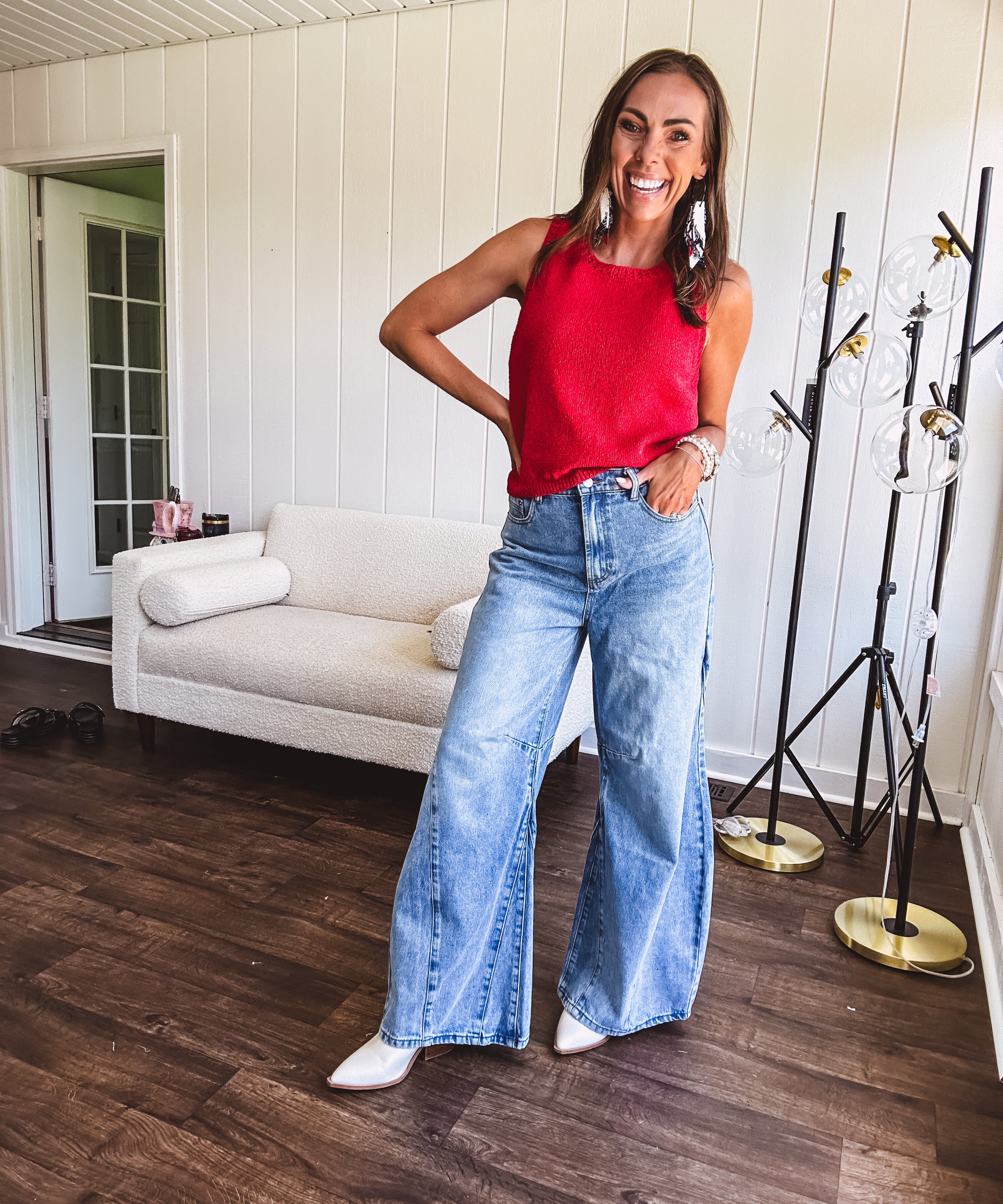 Light wash extreme wide leg zero stretch denim with an extra panel at the knee and unique knee darts.