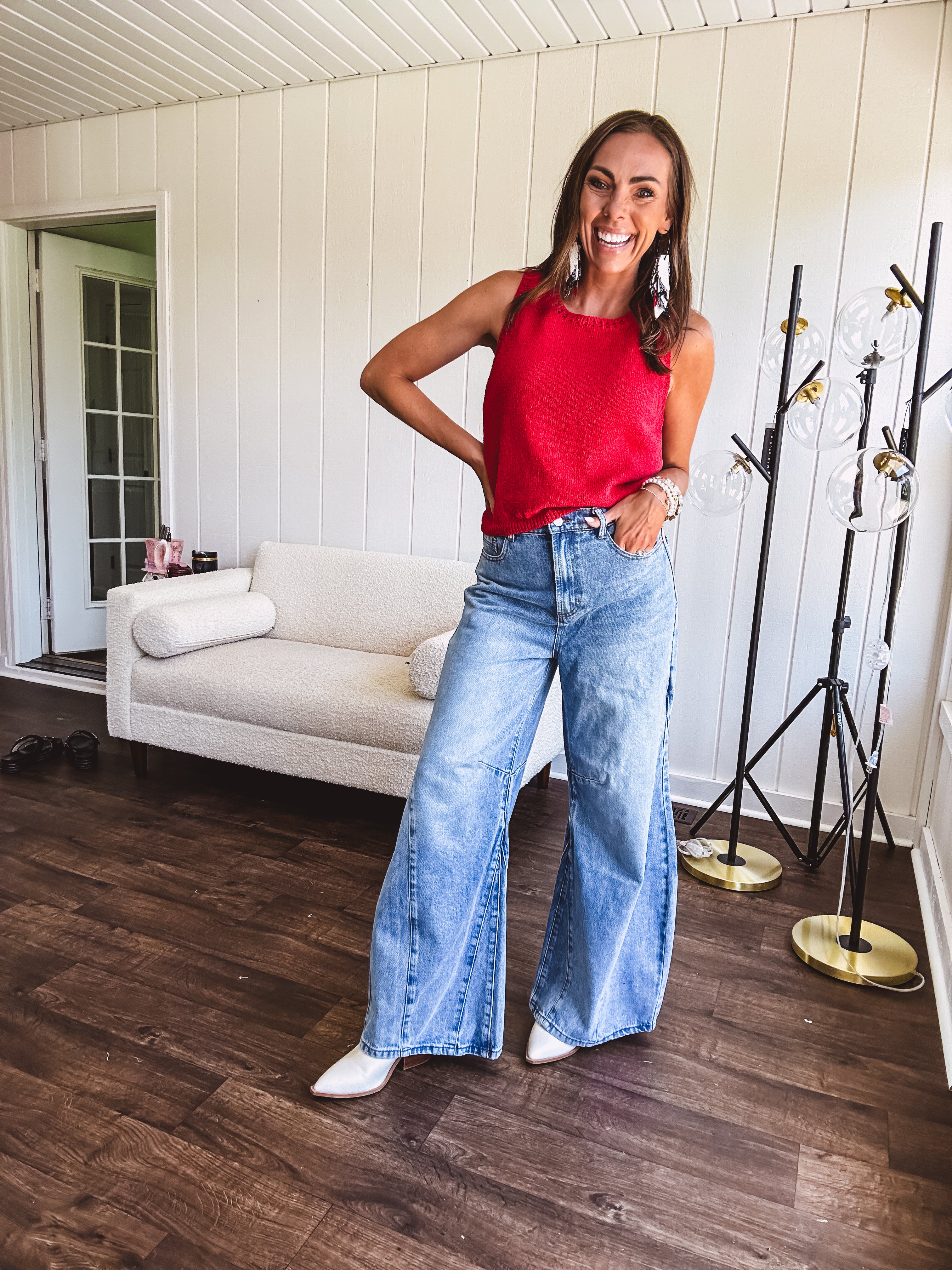 Light wash extreme wide leg zero stretch denim with an extra panel at the knee and unique knee darts.