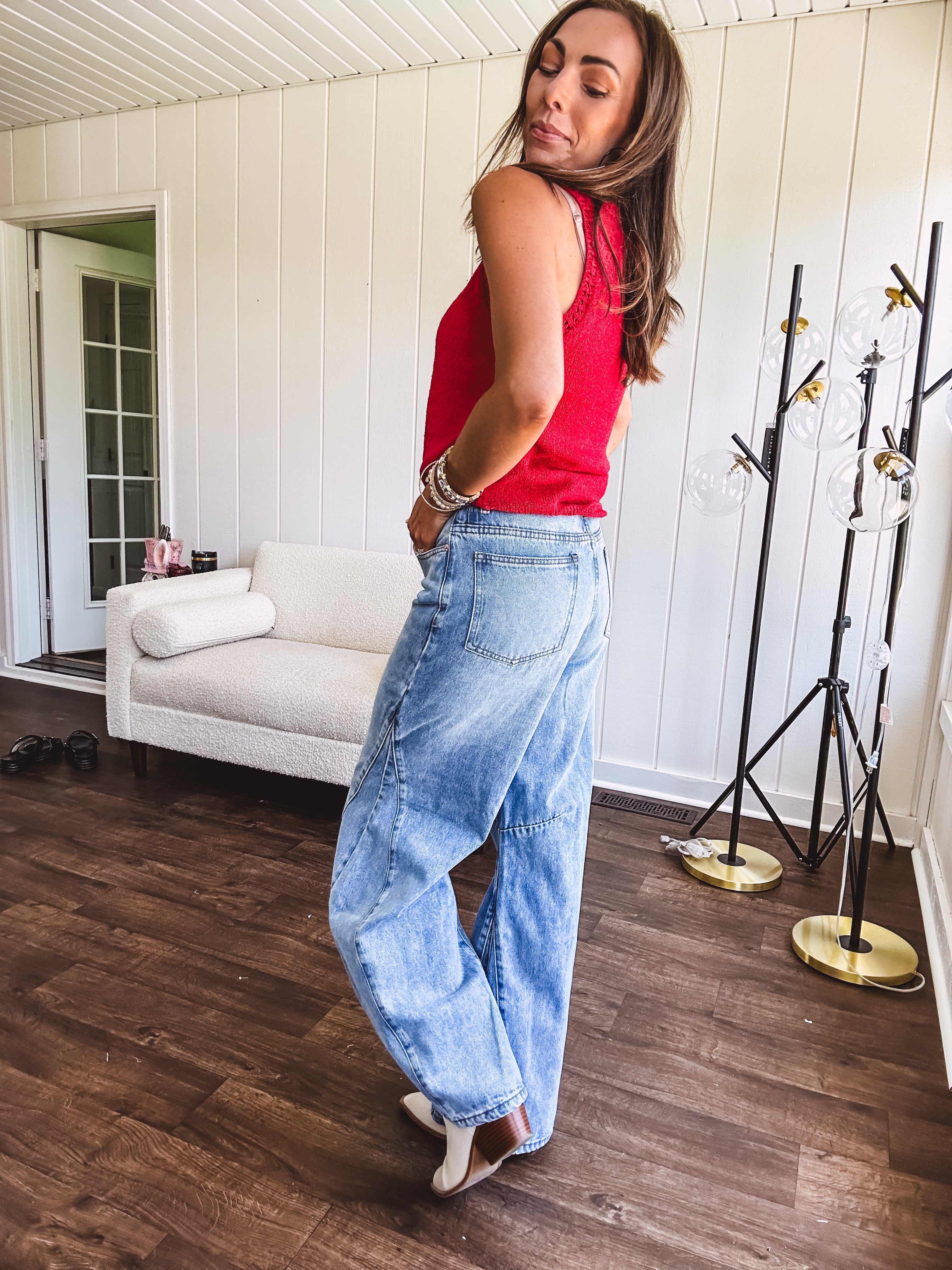Light wash extreme wide leg zero stretch denim with an extra panel at the knee and unique knee darts.